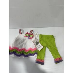 Rare Additions Toddler Girl's 2-Piece Outfit Green/whit Ruffles Sz. 3-6 M